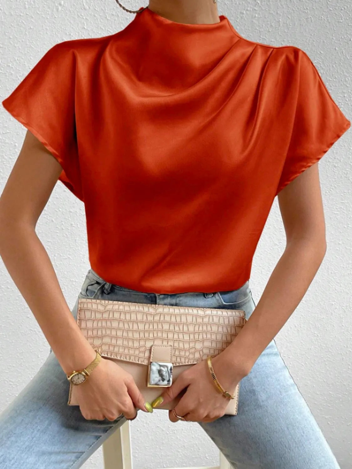 Mock Neck Short Sleeve Blouse
