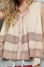 POL Button Down Round Neck Tank with Crochet Contrast
