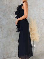 One-Shoulder Ruffle Slit Dress