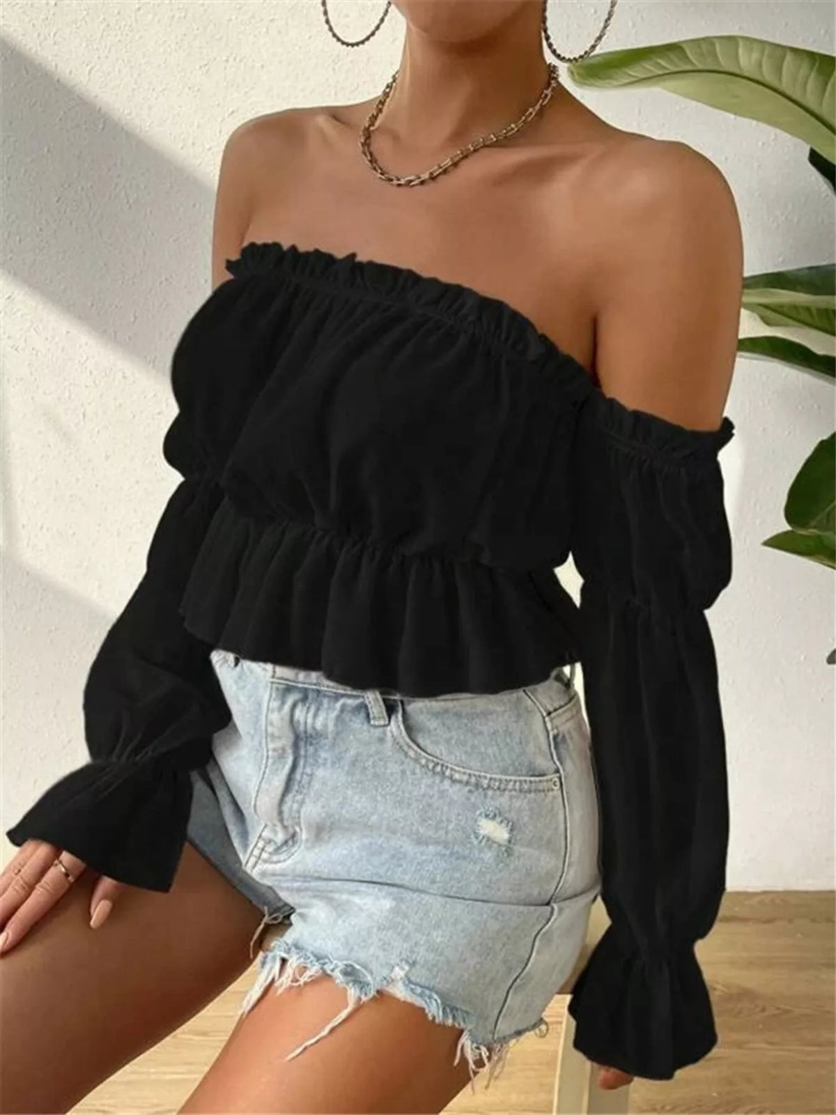 Off-Shoulder Ruffle Trim Sheer Cropped Blouse