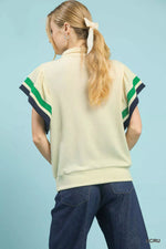 Umgee Textured Half Zip Top with Striped Flutter Sleeves
