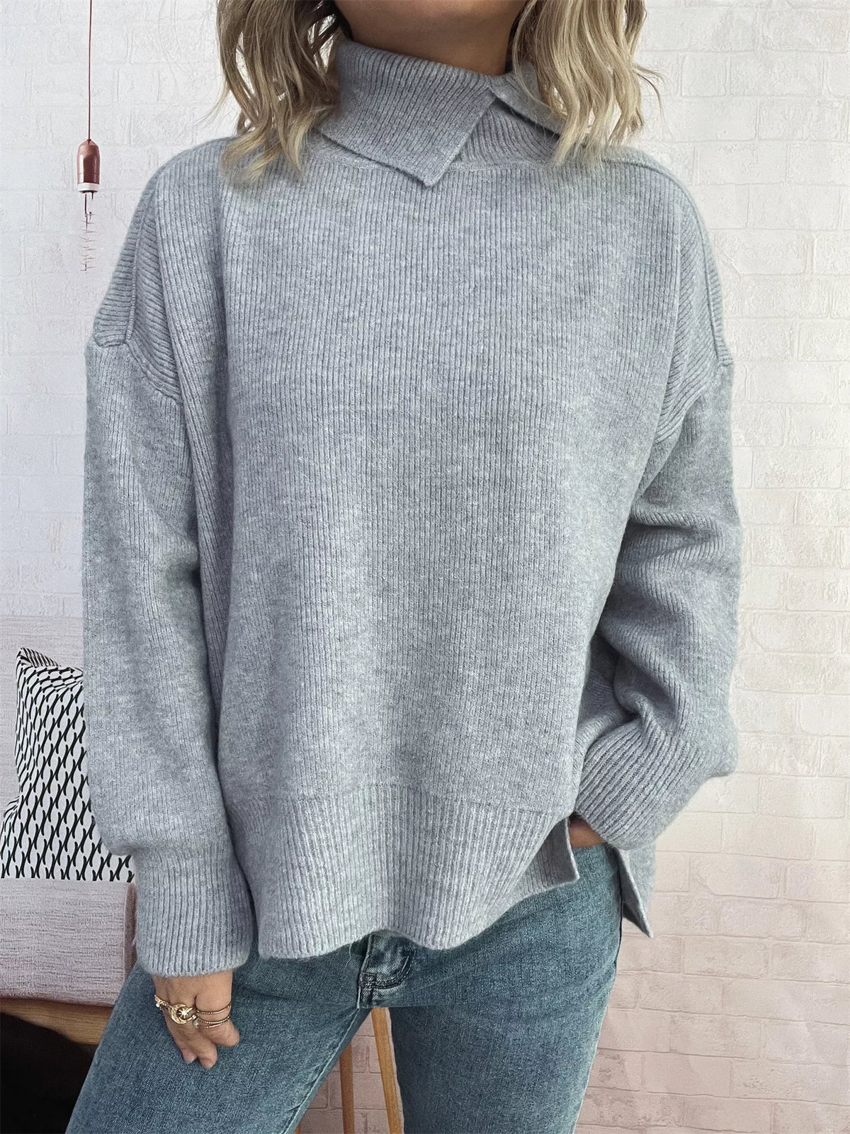 Slit Turtleneck Long Sleeve Sweater