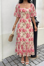 Floral Print Ruffle Hem Flutter Sleeve Dress