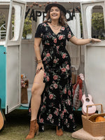 Plus Size Button Detail Printed V-Neck Short Sleeve Maxi Dress