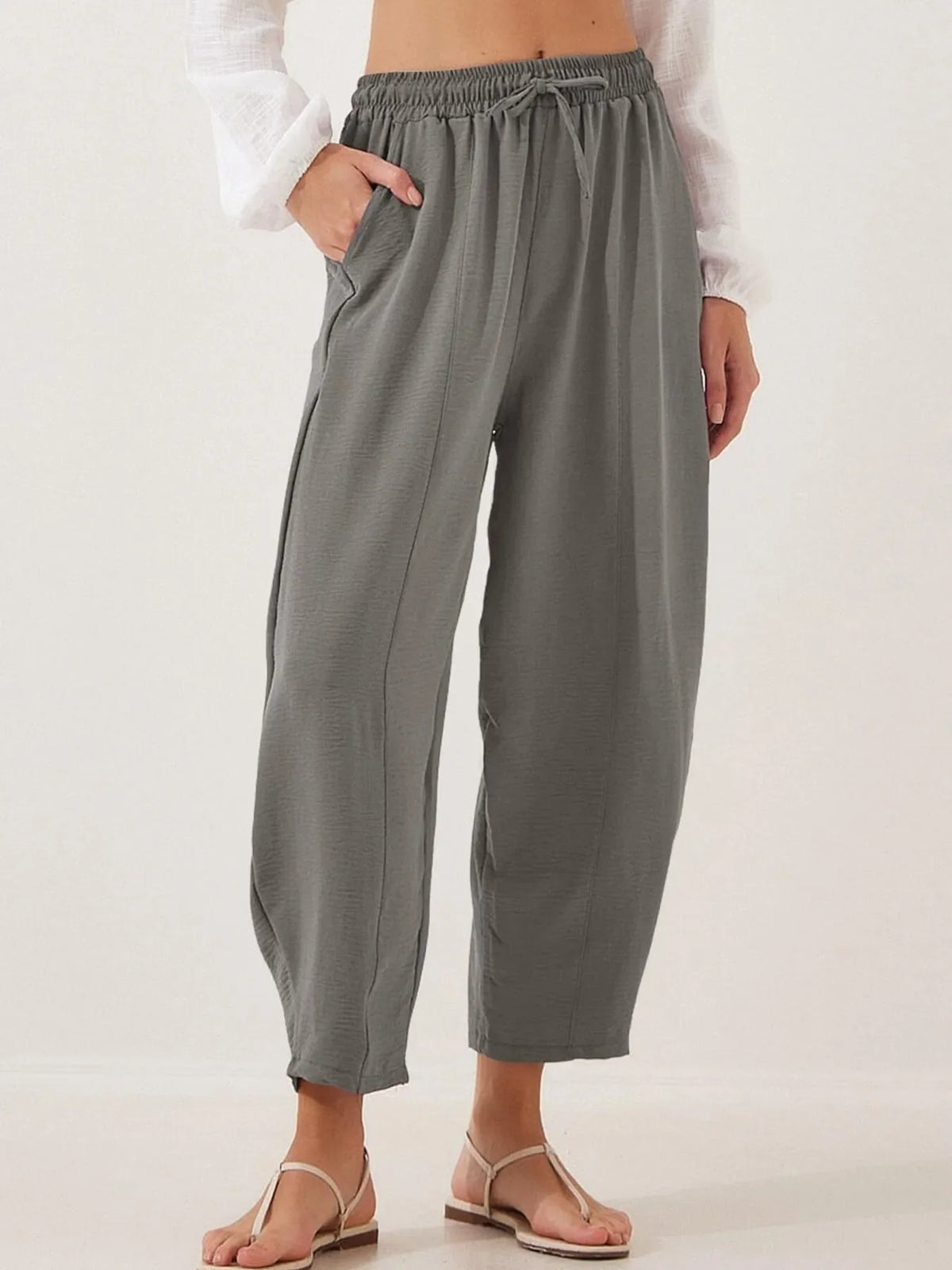 Full Size Drawstring Wide Leg Cropped Pants Plus Size