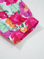 Vibrant Floral Print V Neck Zip Up Puffy Half Sleeve Dress
