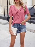 Ruffle Trim V-Neck Casual T-Shirt