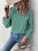 Printed Notched Balloon Sleeve Blouse