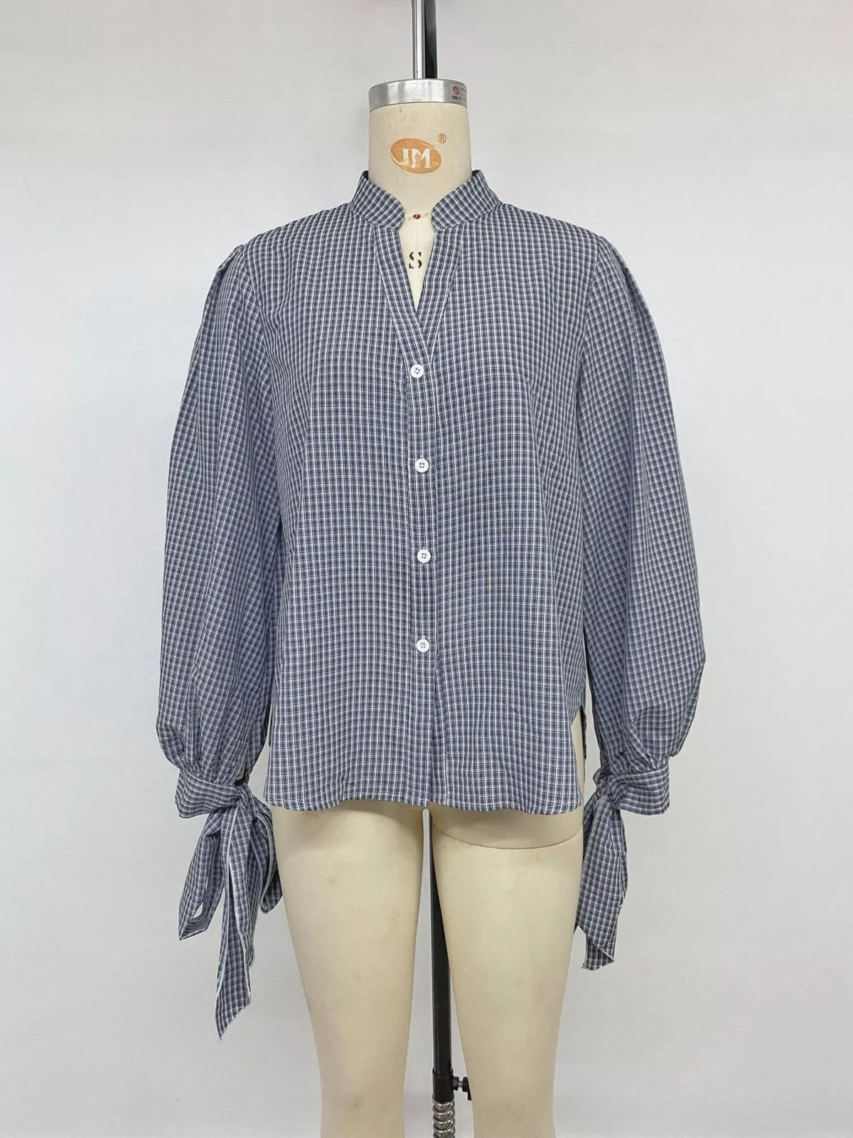 Gingham Button Up Shirt with Tie-Sleeve Detail