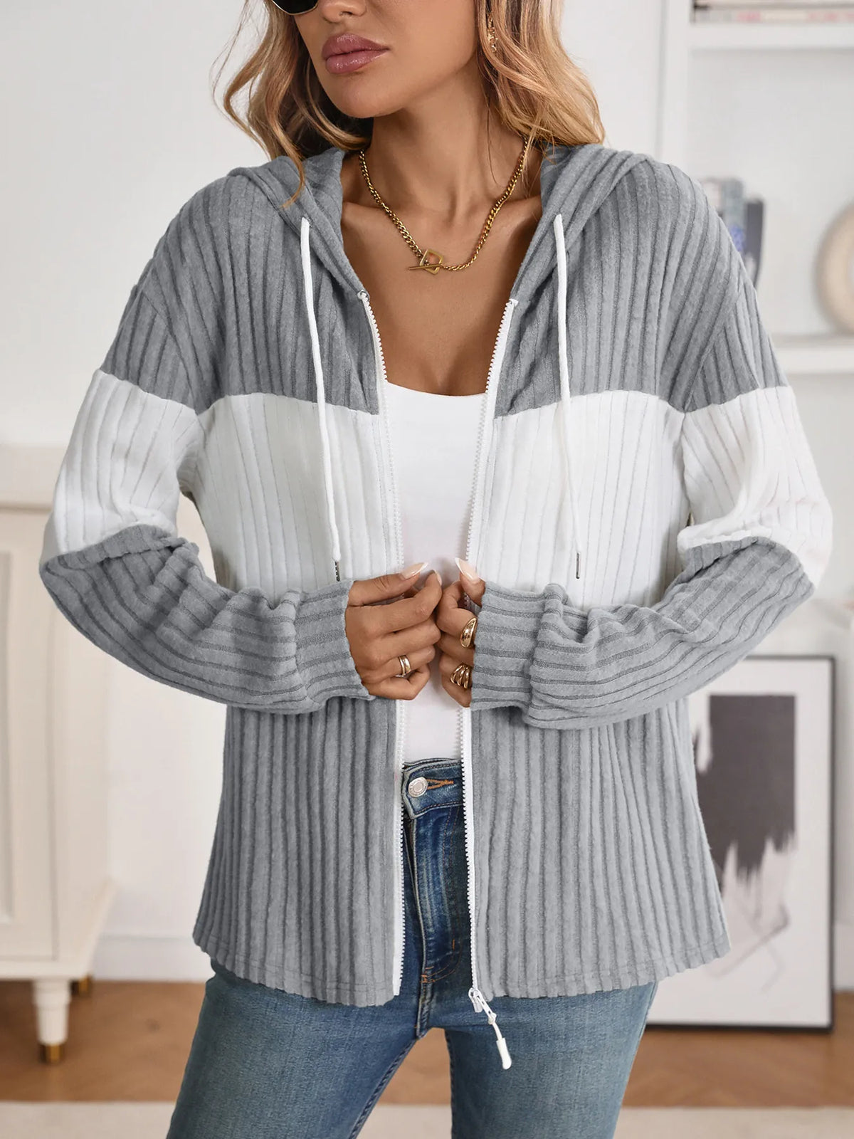 Drawstring Color Block Zip Up Outerwear