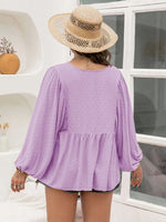 Plus Size Swiss Dot Tie Neck Long Sleeve Blouse
