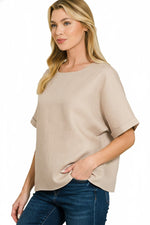 Zenana Linen Round Neck Cuffed Sleeve Top