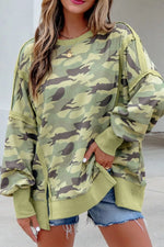 Camouflage Waffle Knit Raw Edge Contrast Trim Oversized Long Sleeve Top