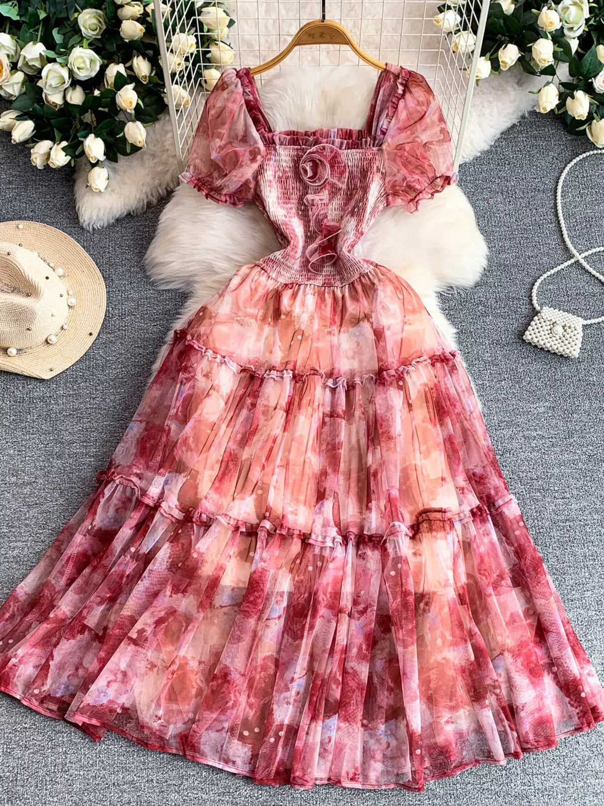 Smocked Floral Tiered Mesh Midi Dress