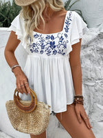 Embroidered Flutter Sleeve Blouse