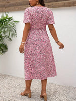 Plus Size Printed V-Neck Short Sleeve Midi Dress