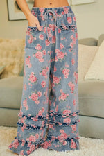 BiBi Washed Floral Denim With Ruffle Elastic Wide Pants
