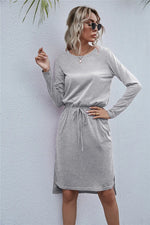 Drawstring Waist Round Neck Long Sleeve Dress