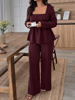 Plus Size Square Neck Long Sleeve Top and Pants Two-Piece Set