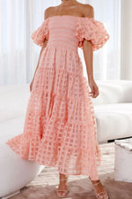 Off Shoulder Short Puff Sleeve Midi Dress