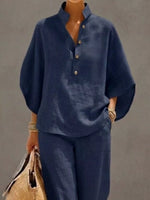 Full Size Button Detail 3/4 Sleeve Top and Pants Set Plus Size