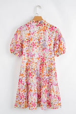 Floral Puff Sleeve Notched Tiered Mini Dress