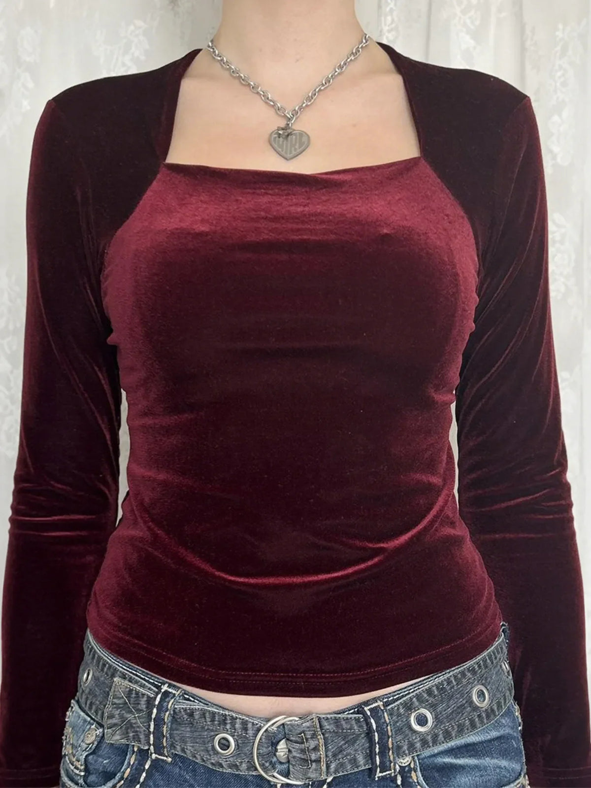 Velvet Long Sleeve Square Neck T-Shirt