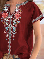 Full Size Floral Notched Short Sleeve Blouse Plus Size