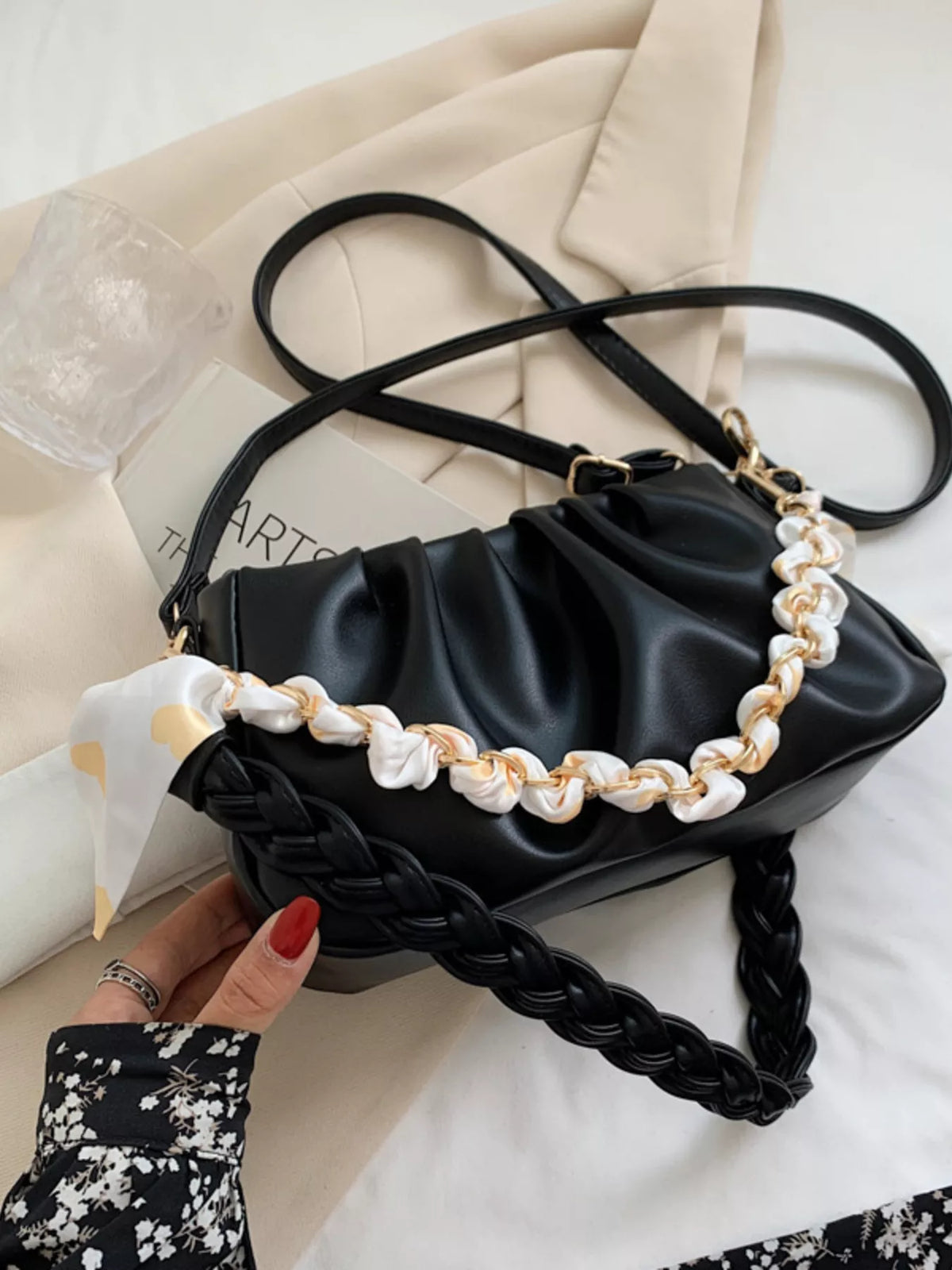 Ruched Braided Handle Shoulder Bag