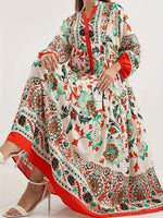 Printed Notched Long Sleeve Maxi Dress