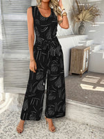 Devine Printed Round Neck Sleeveless Tie Waist Jumpsuit