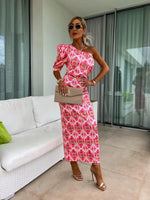Slit Printed Single Shoulder Midi Dress
