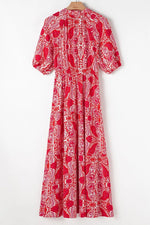 Paisley Print Side Slit Puff Sleeve High Waist Maxi Dress