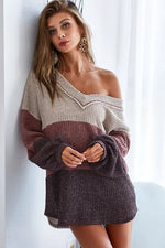 BiBi Color Block Out Stitching V-Neck Knit Top