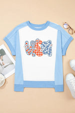 Star Plaid Flower USA Graphic Color Block Crewneck T Shirt