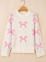 Bow Print Ribbed Trim Exposed Seam Drop Shoulder Loose Sweater
