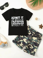 Children's Letter Graphic Tee and Camouflage Shorts Set