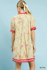 Umgee Floral Puff Sleeve Dress with Contrast Trim