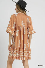 Umgee Boarder Print Tassel Tie Neck Mini Dress