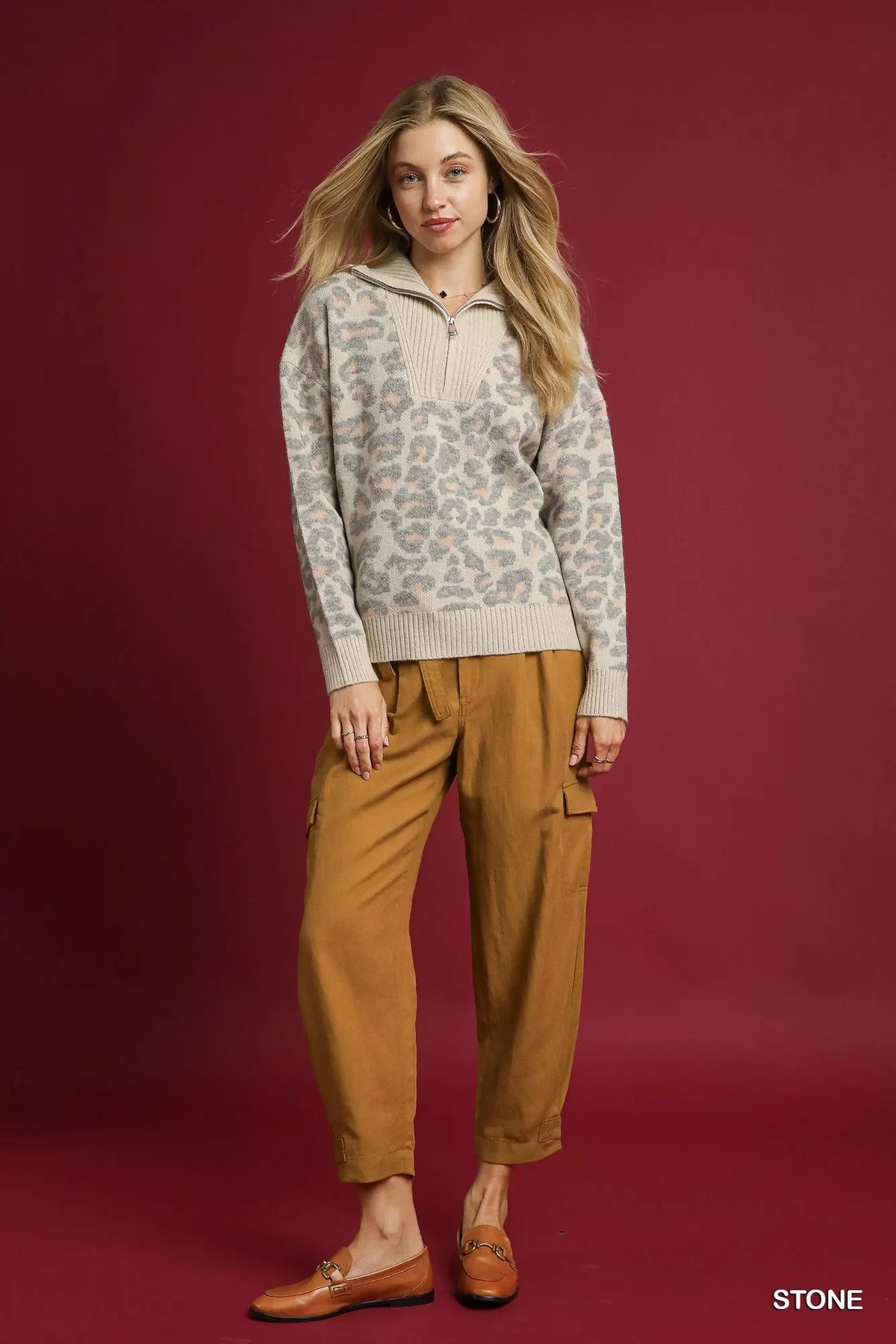 Umgee Leopard Print Quarter-Zip Knit Sweater