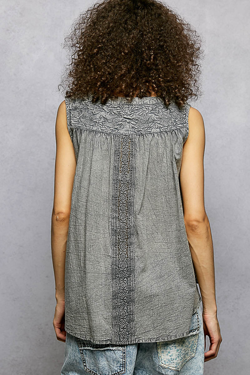 POL Button Down Round Neck Tank with Crochet Contrast
