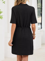Casual Knit Polo Collar Drawstring Waist Dress
