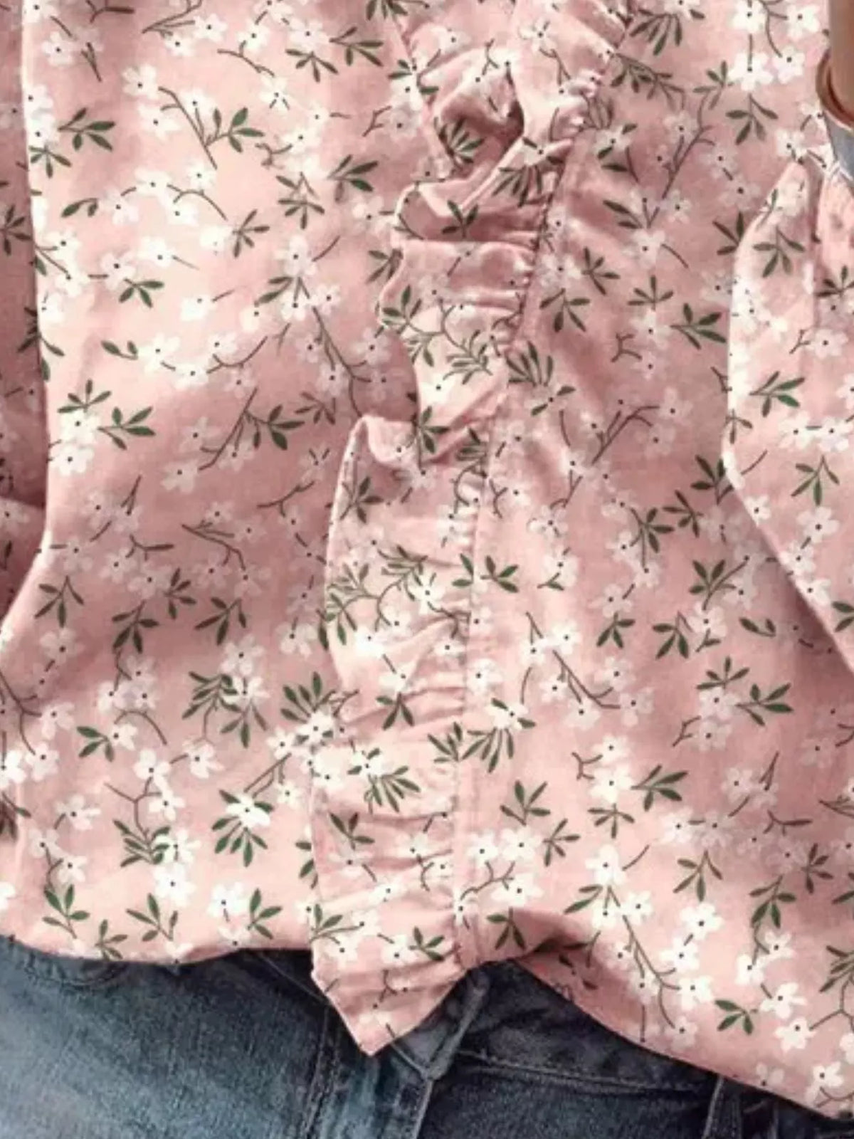 Full Size Printed V-Neck Blouse with Ruffled Plus Size