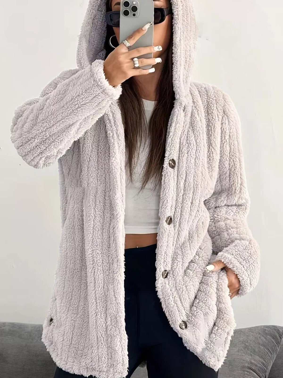 Full Size Fleece Button Up Hooded Outerwear Plus Size