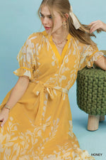 Umgee Floral Print Tie Waist Midi Dress with Side Pockets