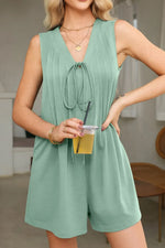 Tie V Neck Pintuck Sleeveless Loose Romper