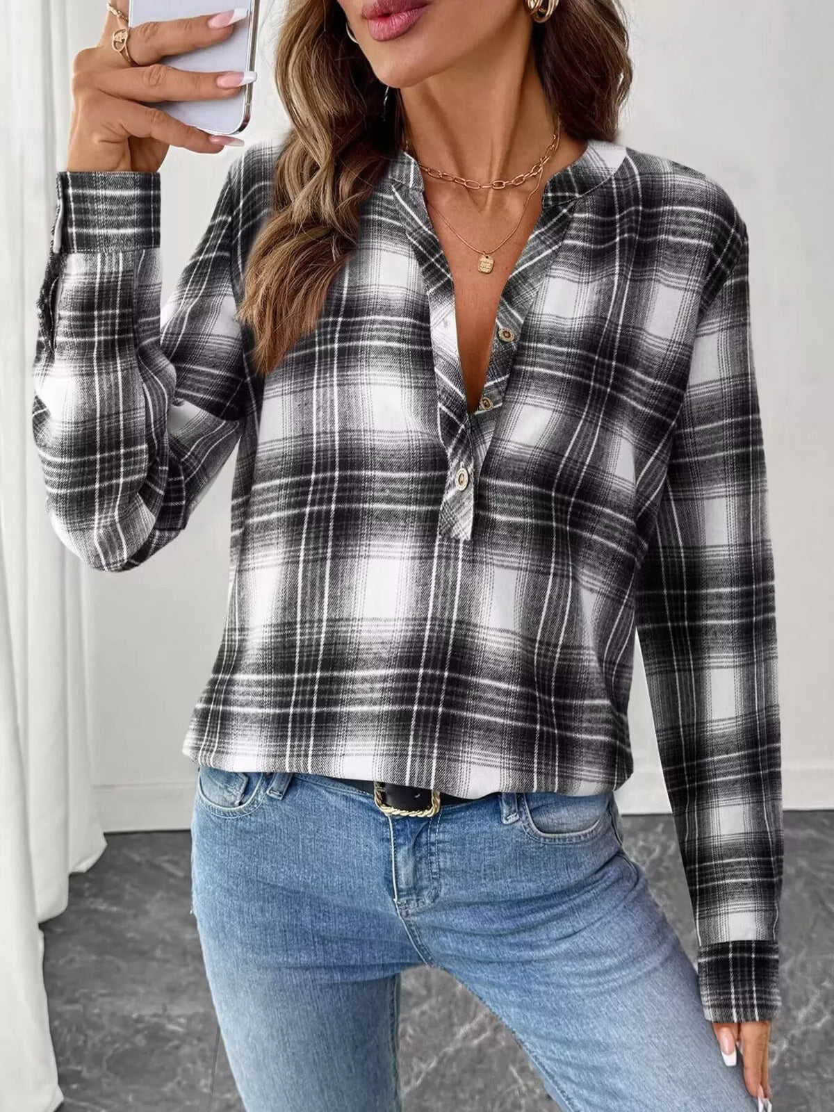 Plaid Half Button Long Sleeve Blouse