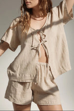 Plaid Tied Scoop Neck Short Sleeve Top and Drawstring Shorts Set