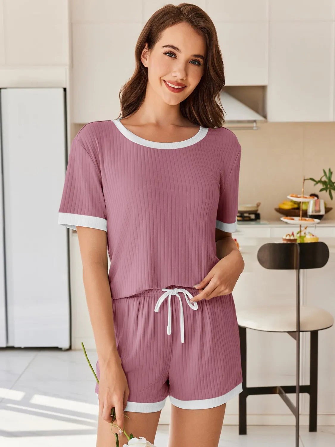 Ribbed Short Sleeve Top and Shorts Set