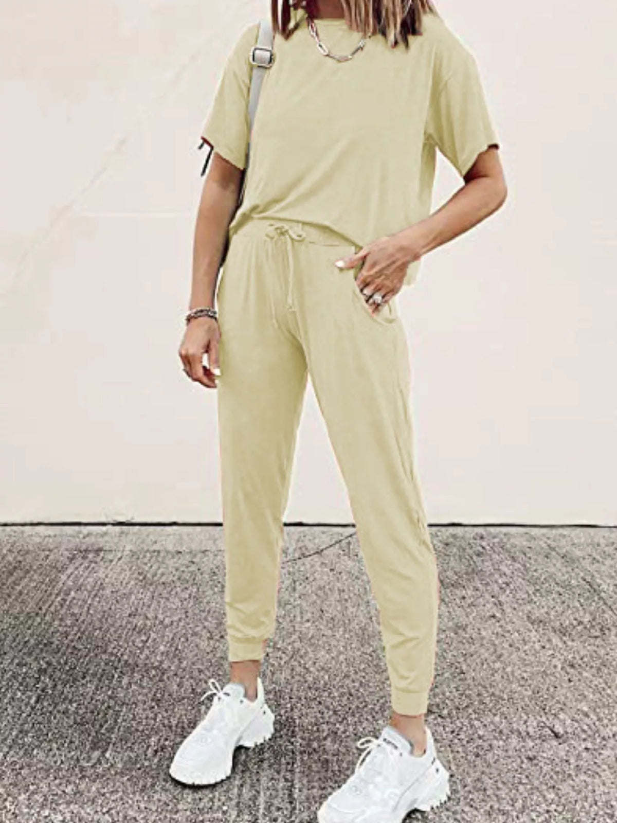 Full Size Round Neck Top and Drawstring Pants Set Plus Size